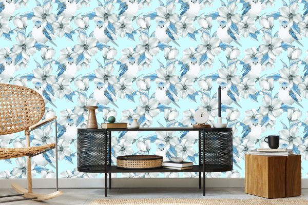 Behang Lentebloemen En Vogels Geschilderd Met Waterverf - Afbeelding 5