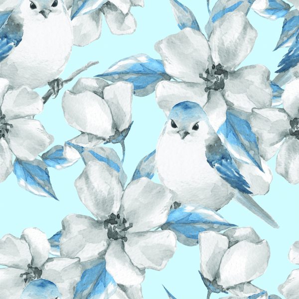 Behang Lentebloemen En Vogels Geschilderd Met Waterverf - Afbeelding 2