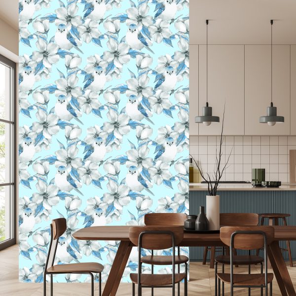 Behang Lentebloemen En Vogels Geschilderd Met Waterverf - Afbeelding 4