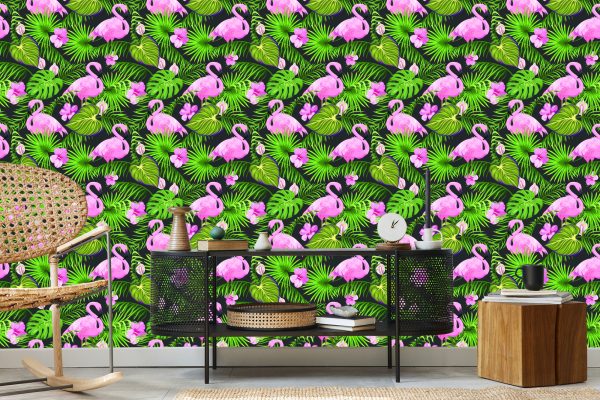 Behang Tropisch - Flamingo's Bladeren En Bloemen - Afbeelding 5