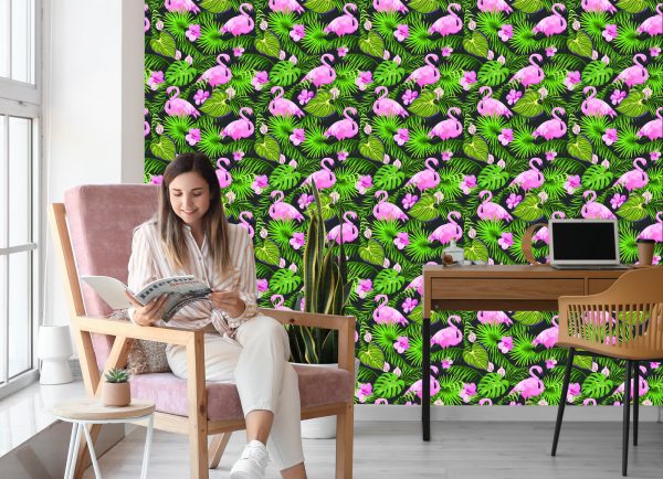 Behang Tropisch - Flamingo's Bladeren En Bloemen - Afbeelding 7