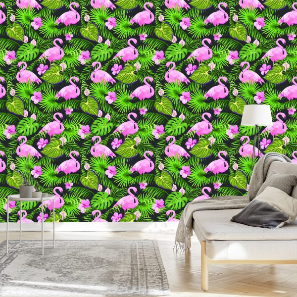 Behang Tropisch - Flamingo's Bladeren En Bloemen - Afbeelding 3