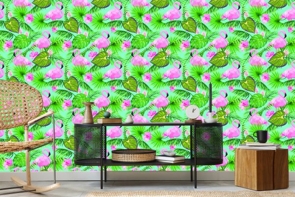 Behang Flamingo's Bloemen En Tropische Bladeren - Afbeelding 5