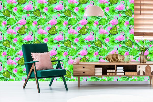 Behang Flamingo's Bloemen En Tropische Bladeren - Afbeelding 6