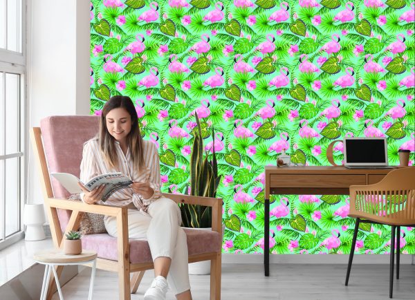 Behang Flamingo's Bloemen En Tropische Bladeren - Afbeelding 7