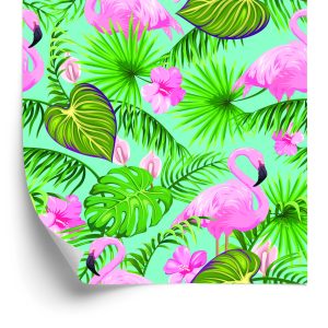 Behang Flamingo's Bloemen En Tropische Bladeren