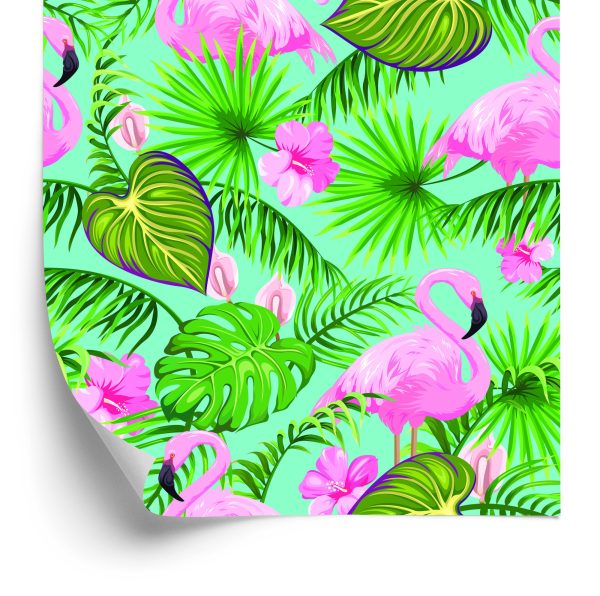 Behang Flamingo's Bloemen En Tropische Bladeren