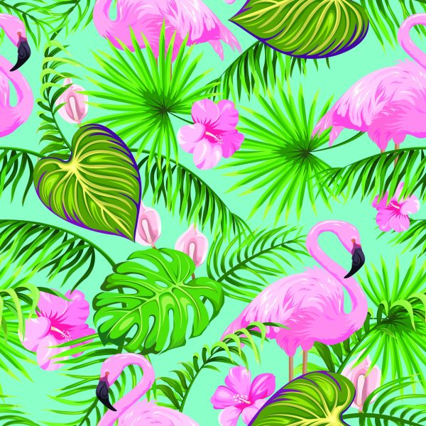 Behang Flamingo's Bloemen En Tropische Bladeren - Afbeelding 2