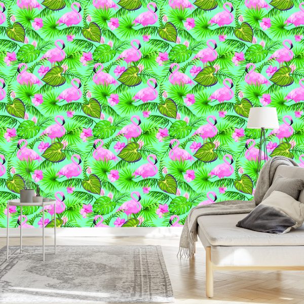 Behang Flamingo's Bloemen En Tropische Bladeren - Afbeelding 3