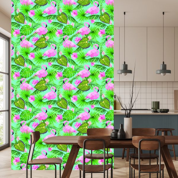 Behang Flamingo's Bloemen En Tropische Bladeren - Afbeelding 4