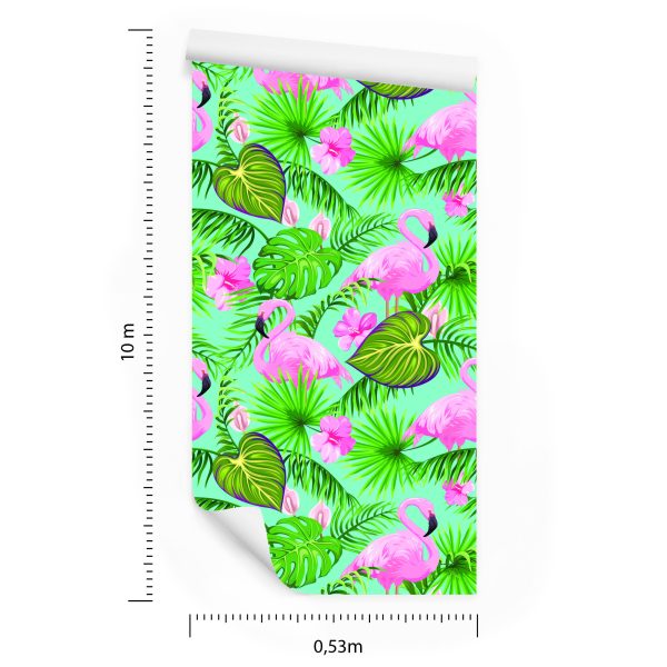 Behang Flamingo's Bloemen En Tropische Bladeren - Afbeelding 8