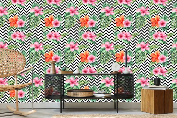 Behang Exotische Bladeren En Bloemen Op Zwart - Witte Achtergrond - Afbeelding 5