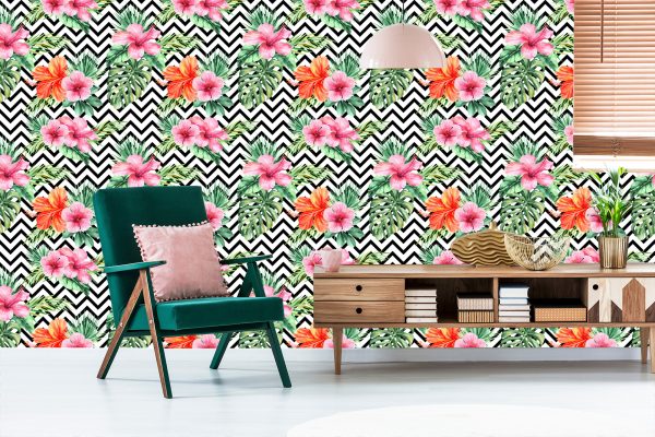 Behang Exotische Bladeren En Bloemen Op Zwart - Witte Achtergrond - Afbeelding 6