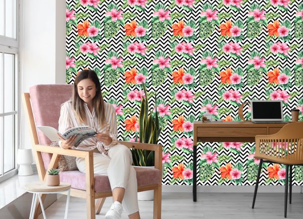 Behang Exotische Bladeren En Bloemen Op Zwart - Witte Achtergrond - Afbeelding 7