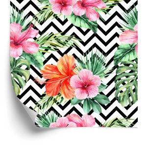 Behang Exotische Bladeren En Bloemen Op Zwart - Witte Achtergrond