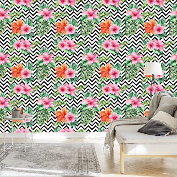 Behang Exotische Bladeren En Bloemen Op Zwart - Witte Achtergrond - Afbeelding 3