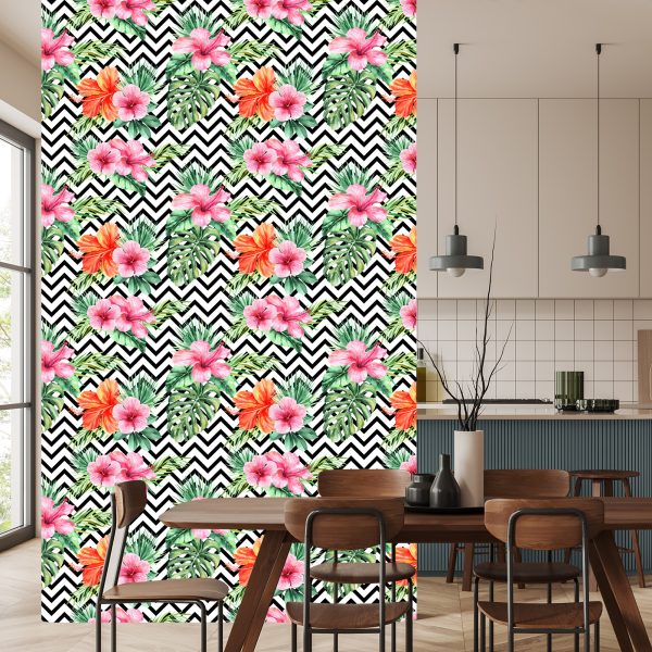 Behang Exotische Bladeren En Bloemen Op Zwart - Witte Achtergrond - Afbeelding 4