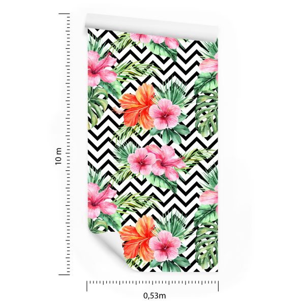 Behang Exotische Bladeren En Bloemen Op Zwart - Witte Achtergrond - Afbeelding 8