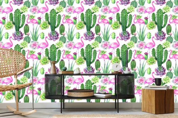 Behang Tropisch - Flamingo's, Cactussen En Vetplanten - Afbeelding 5