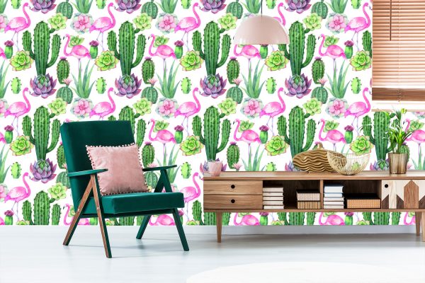 Behang Tropisch - Flamingo's, Cactussen En Vetplanten - Afbeelding 6