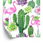 Behang Tropisch - Flamingo's, Cactussen En Vetplanten