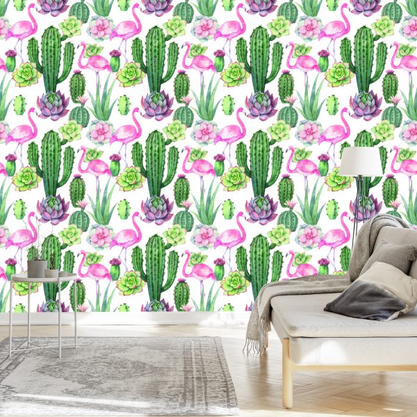 Behang Tropisch - Flamingo's, Cactussen En Vetplanten - Afbeelding 3