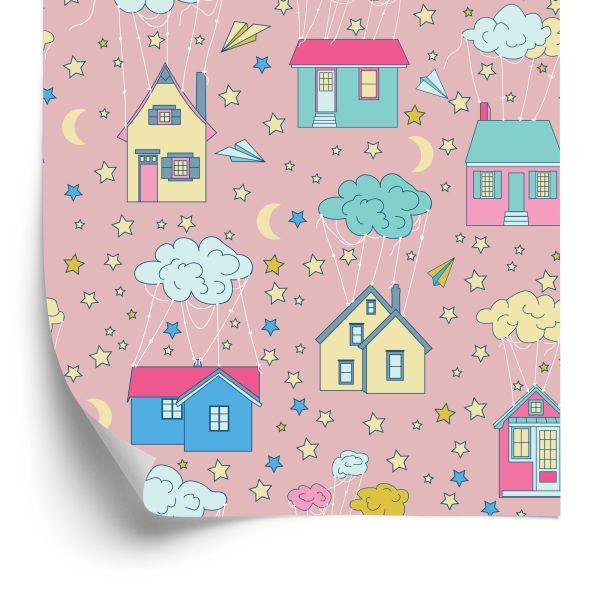 Behang Voor Kinderen - Huizen Tussen Wolken En Sterren