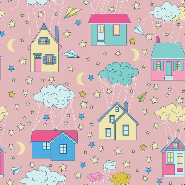 Behang Voor Kinderen - Huizen Tussen Wolken En Sterren - Afbeelding 2