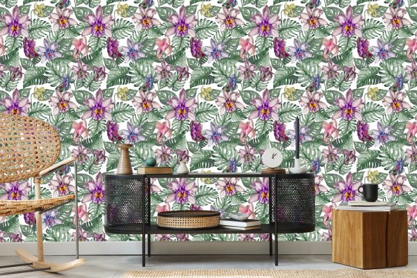 Behang Kleurrijke Orchideebloemen En Monstera-Bladeren - Afbeelding 5