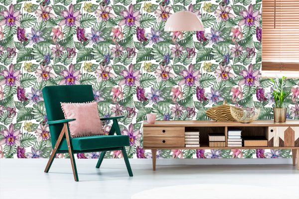 Behang Kleurrijke Orchideebloemen En Monstera-Bladeren - Afbeelding 6