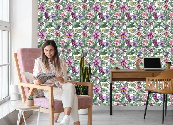 Behang Kleurrijke Orchideebloemen En Monstera-Bladeren - Afbeelding 7