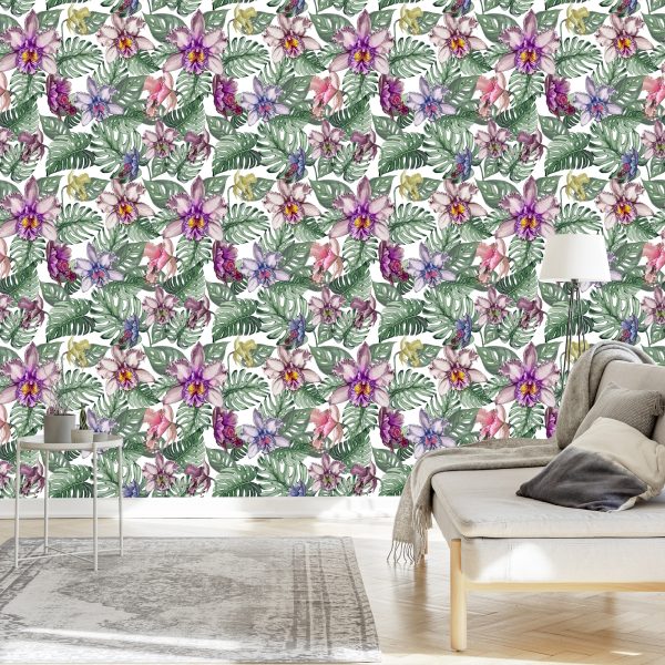 Behang Kleurrijke Orchideebloemen En Monstera-Bladeren - Afbeelding 3