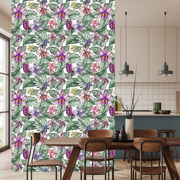 Behang Kleurrijke Orchideebloemen En Monstera-Bladeren - Afbeelding 4