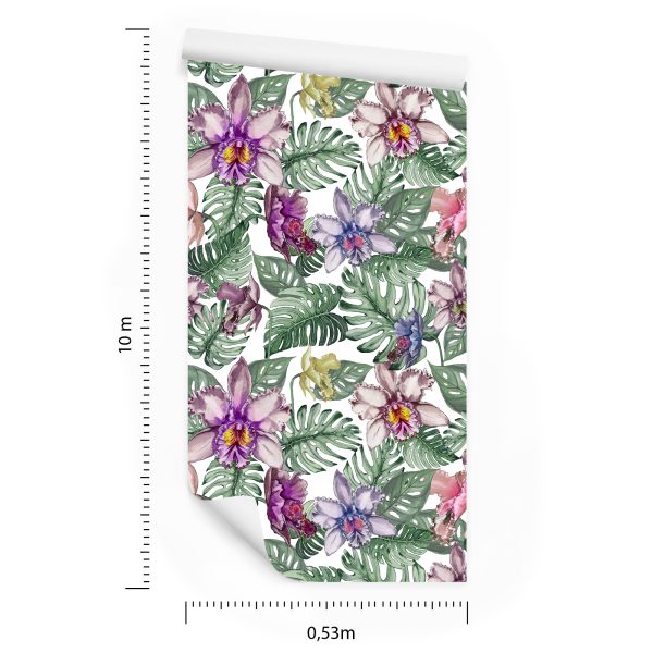 Behang Kleurrijke Orchideebloemen En Monstera-Bladeren - Afbeelding 8