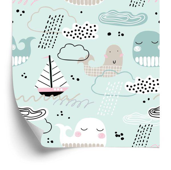 Behang Voor Kinderen - Walvissen, Boten, Golven En Wolken