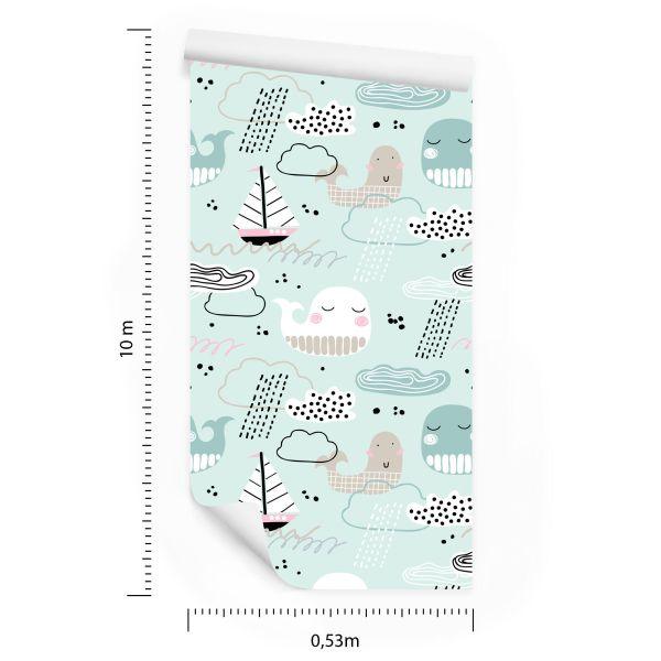 Behang Voor Kinderen - Walvissen, Boten, Golven En Wolken - Afbeelding 8