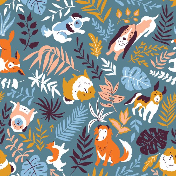 Behang Voor Kinderen - Vrolijke Honden En Tropische Planten - Afbeelding 2