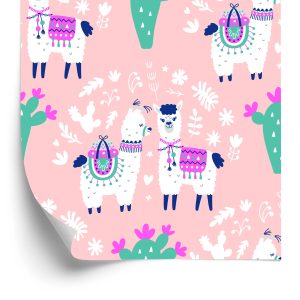 Behang Voor Kinderen - Vrolijke Lama's, Cactussen En Bloemen
