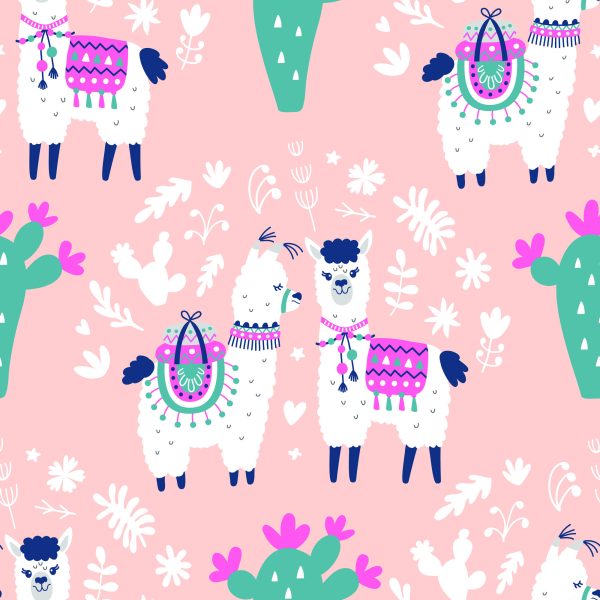 Behang Voor Kinderen - Vrolijke Lama's, Cactussen En Bloemen - Afbeelding 2