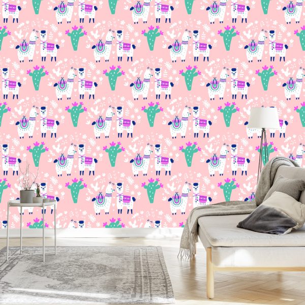Behang Voor Kinderen - Vrolijke Lama's, Cactussen En Bloemen - Afbeelding 3