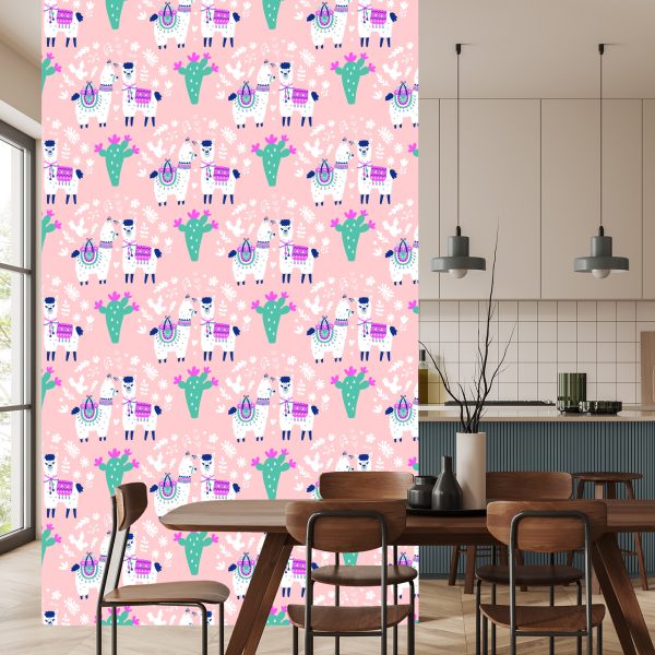 Behang Voor Kinderen - Vrolijke Lama's, Cactussen En Bloemen - Afbeelding 4