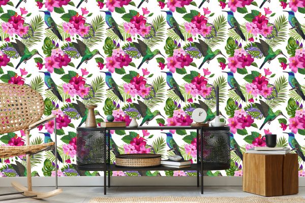 Behang Tropisch - Kleurrijke Kolibriebladeren En Bloemen - Afbeelding 5