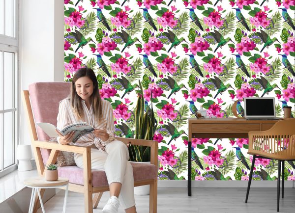 Behang Tropisch - Kleurrijke Kolibriebladeren En Bloemen - Afbeelding 7