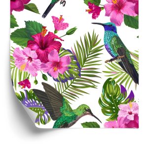 Behang Tropisch - Kleurrijke Kolibriebladeren En Bloemen