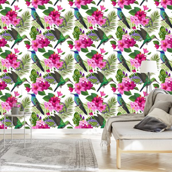 Behang Tropisch - Kleurrijke Kolibriebladeren En Bloemen - Afbeelding 3
