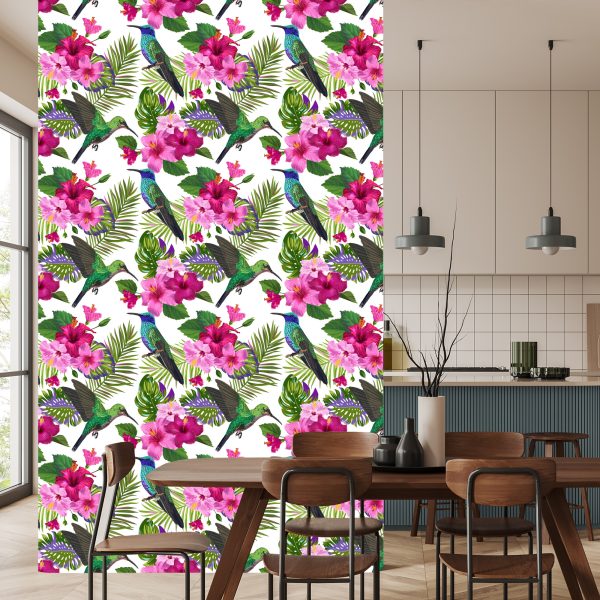 Behang Tropisch - Kleurrijke Kolibriebladeren En Bloemen - Afbeelding 4