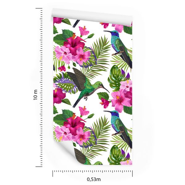 Behang Tropisch - Kleurrijke Kolibriebladeren En Bloemen - Afbeelding 8