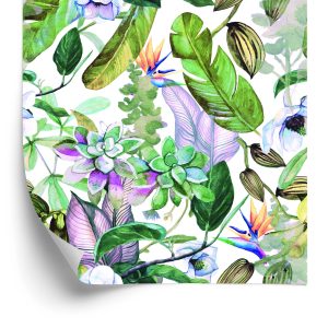 Behang Tropische Bladeren, Bloemen