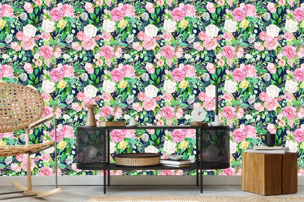 Behang Kleurrijke Bloemen En Bladeren Geschilderd Met Waterverf - Afbeelding 5