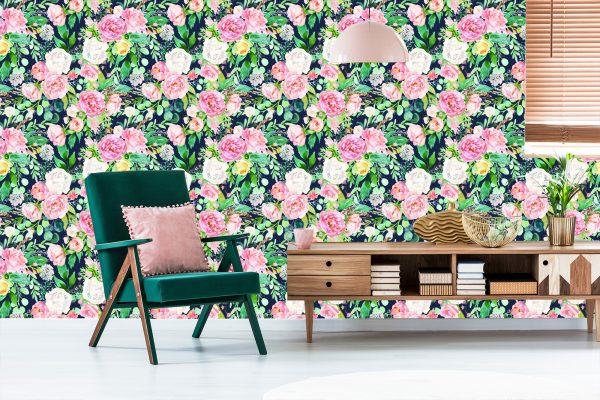 Behang Kleurrijke Bloemen En Bladeren Geschilderd Met Waterverf - Afbeelding 6